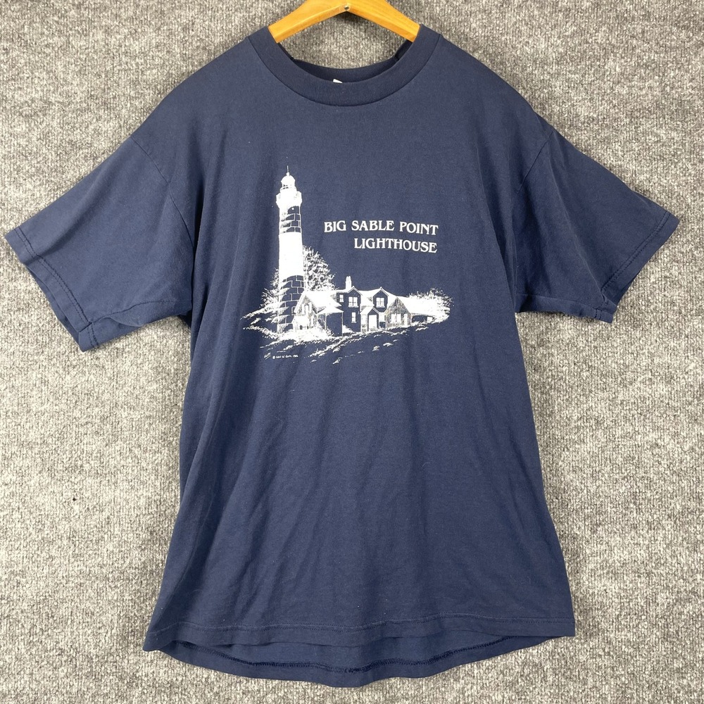 Vintage Fruit of the Loom T Shirt Mens Large Blue Big Sable Point Lighthouse 90s